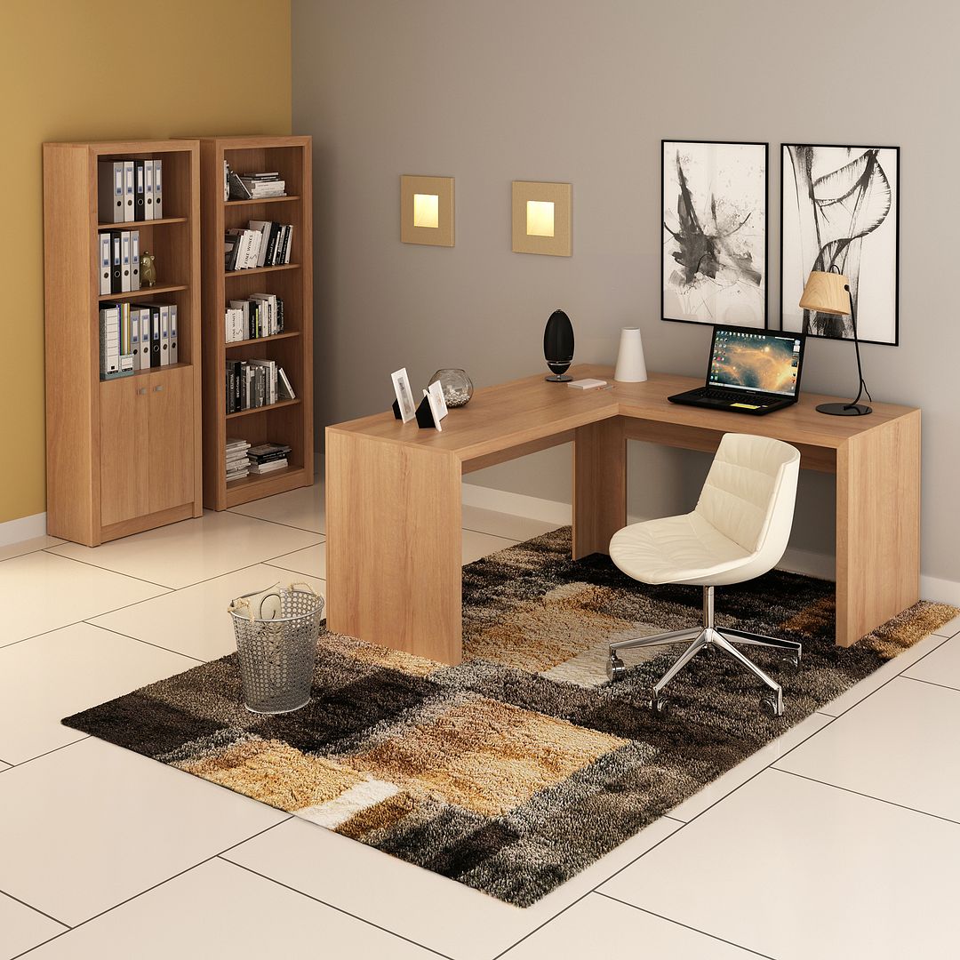 Conjunto de Escritório com Estante, Armário  Alto com 2 Portas e Mesa Angular em L 157,3cm MDP Amêndoa Tecnomobili