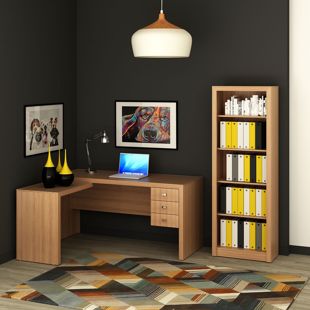Conjunto de Escritório com Estante 5 Prateleiras e Mesa com Apoio Lateral 3 Gavetas 158cm MDP Amêndoa Tecnomobili