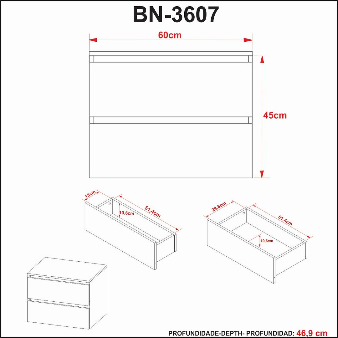 Balcão Gabinete para Banheiro Suspenso 60cm com 2 Gavetas MDP Branco Tecnomobili