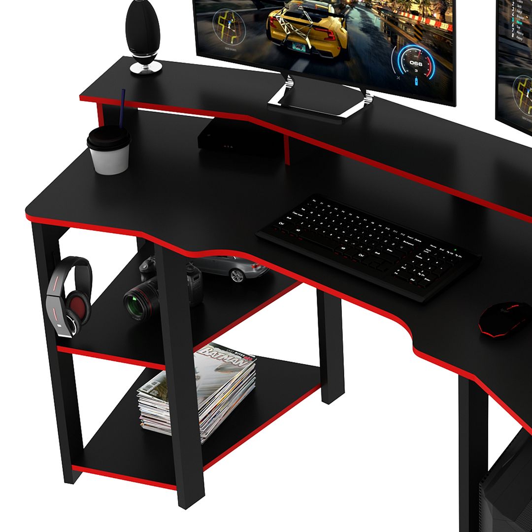 Mesa Gamer Cockpit Para 2 Monitores Porta CPU com Nicho Aberto MDP Preto/Vermelho Tecnomobili