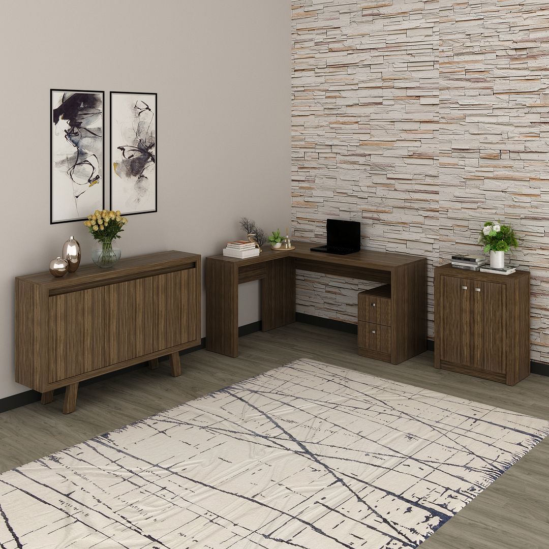 Conjunto de Escritório com 2 Balcões e Mesa 138,5cm Formato em L com 2 Gavetas MDP Nogal Tecnomobili