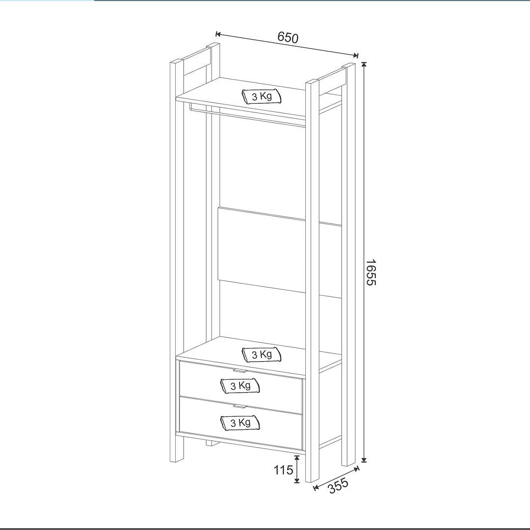 Armário Closet com 2 Gavetas Cabideiro e 1 Prateleira MDP Branco/Nogal Tecnomobili