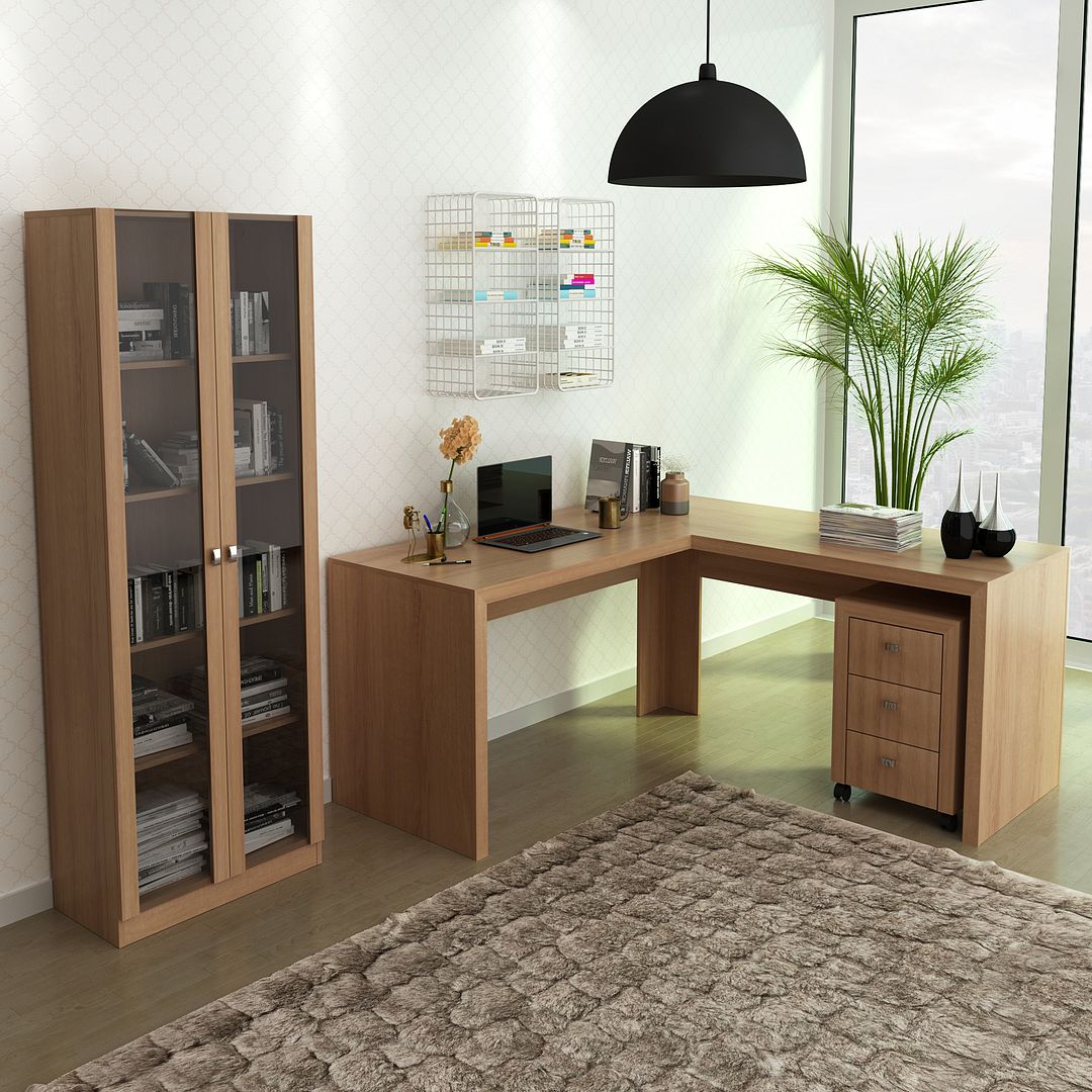 Conjunto de Escritório com Gaveteiro, Armário com 2 Portas de Vidro e Mesa Angular em L MDP Amêndoa Tecnomobili