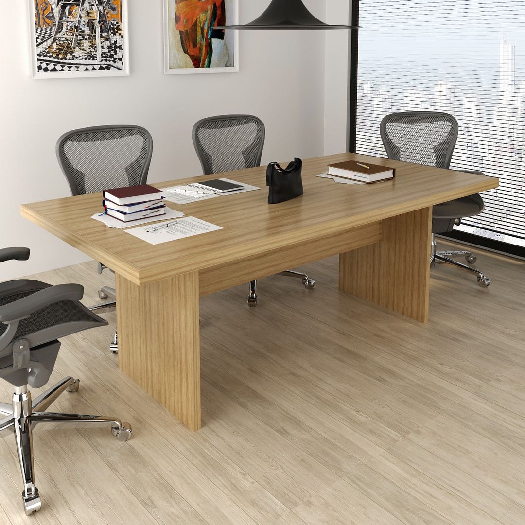 Conjunto de Escritório com Mesa de Reunião, 2 Gaveteiros  3 Gavetas, 2 Estantes e 7 Armários 2  Portas MDP Amêndoa Tecno
