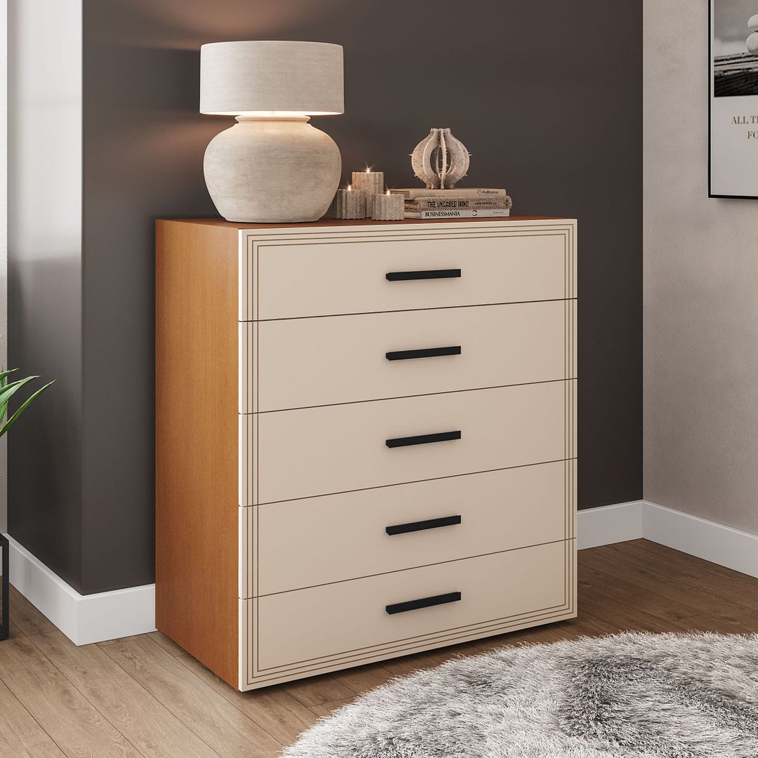 Cômoda 5 Gavetas 90cm Com Detalhes Usinados E Corrediça Telescópica Em Mdp/mdf Politorno