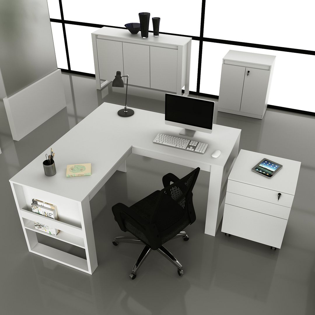 Conjunto de Escritório com Mesa em L, Balcão 3 portas, Gaveteiro e Balcão 2 Portas MDP Branco Tecnomobili