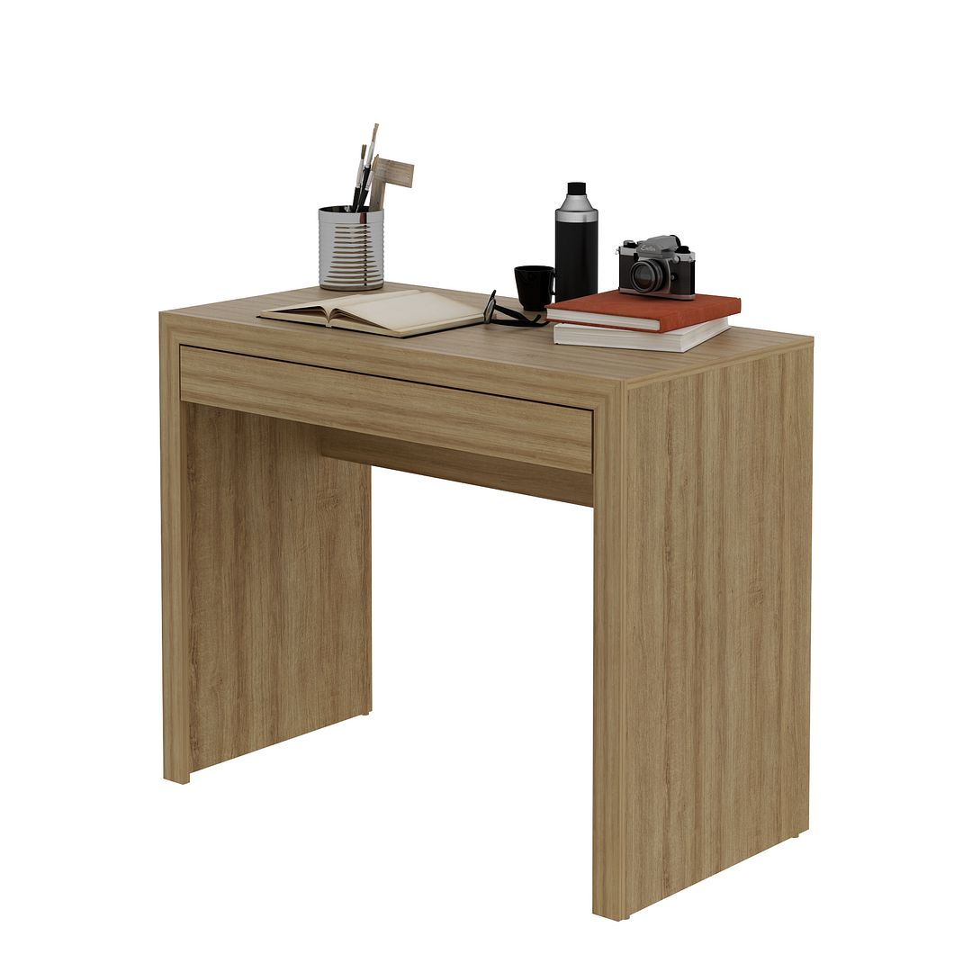 Conjunto de Escritório com Estante 5 Prateleiras, Mesa  90cm 1 Gaveta e Gaveteiro 3 Gavetas MDP Amêndoa Tecnomobili