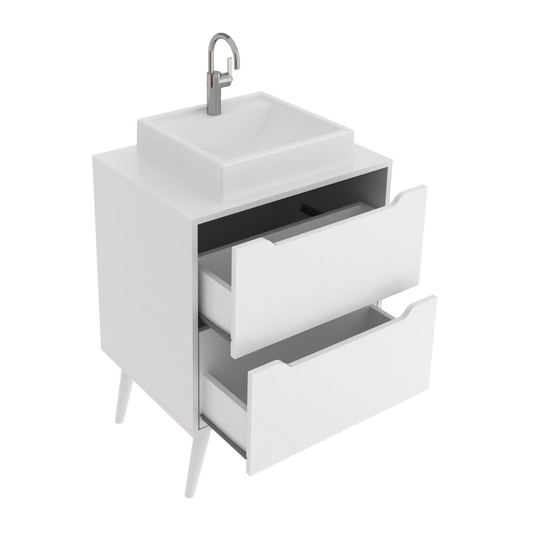 Balcão Gabinete para Banheiro 60cm com 2 Gavetas MDP Branco Pés Retrô Palito Tecnomobili
