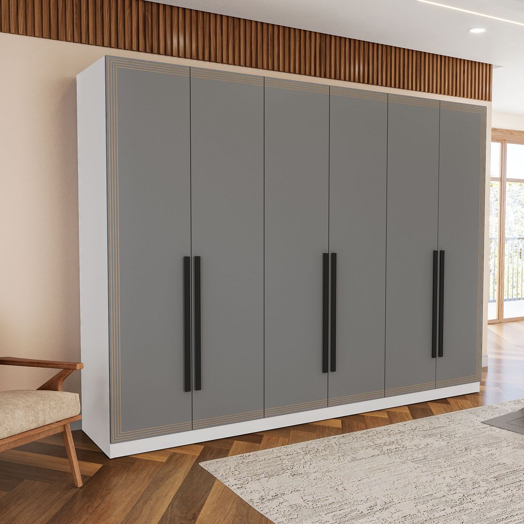 Guarda-Roupa 6 Portas 4 Gavetas 242cm Com Detalhes Usinados E Corrediça Telescópica Em Mdp/mdf Politorno