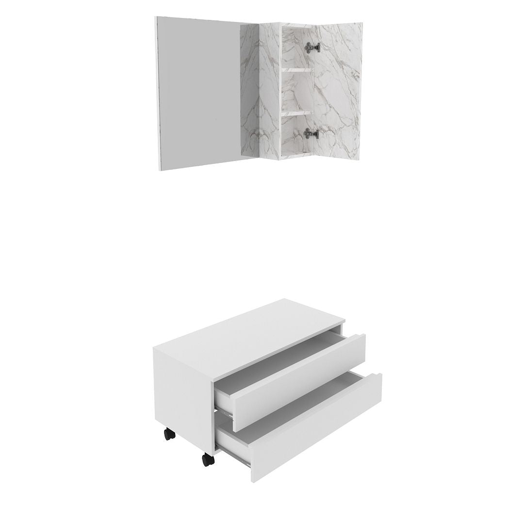 Conjunto de Banheiro com Balcão Gabinete 2 Gavetas e Espelho Suspenso  80cm com 1 Porta Lateral MDP Branco