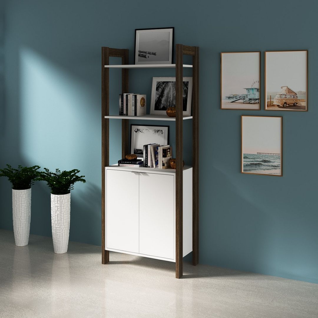 Estante para Escritório Multiuso com 2 Portas e 1 Prateleira MDP Branco/Nogal Tecnomobili