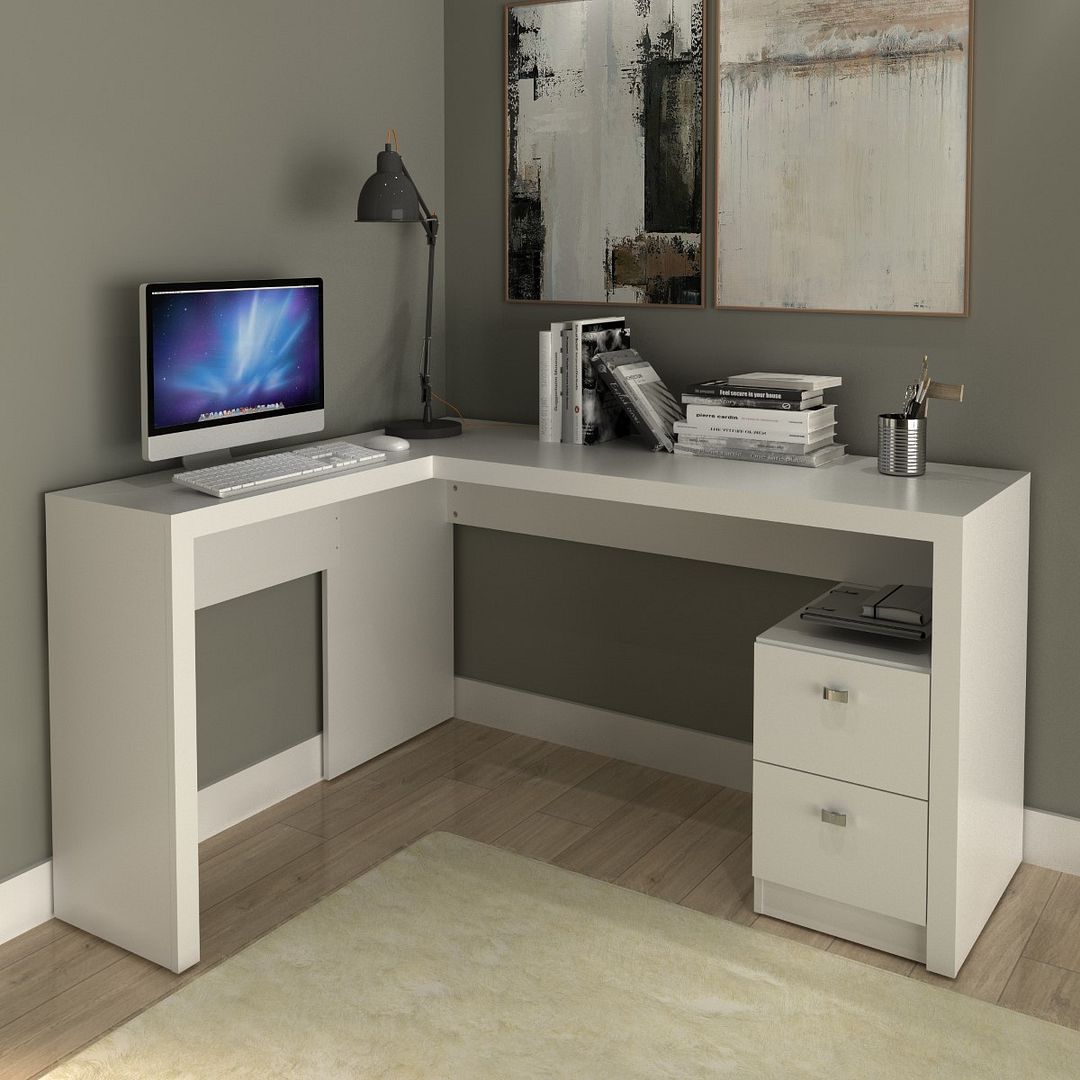 Mesa para Escritório 138,5cm Formato em L com 2 Gavetas MDP Branco Tecnomobili
