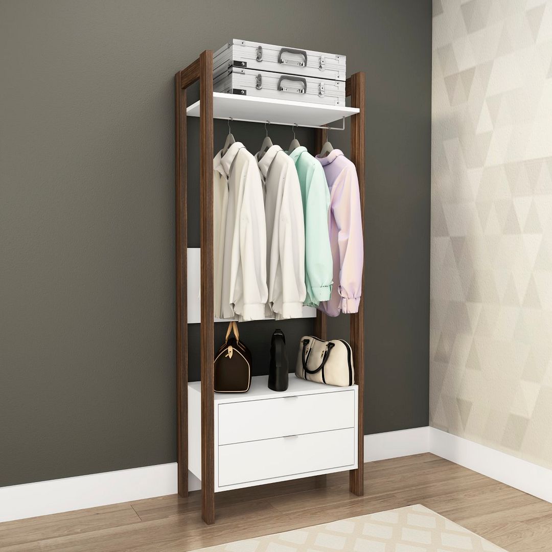 Armário Closet com 2 Gavetas Cabideiro e 1 Prateleira MDP Branco/Nogal Tecnomobili