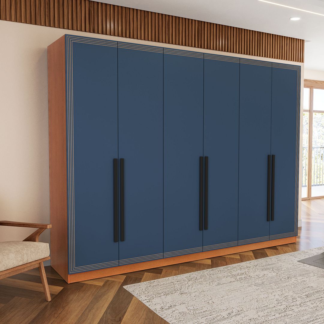 Guarda-Roupa 6 Portas 4 Gavetas 242cm Com Detalhes Usinados E Corrediça Telescópica Em Mdp/mdf Politorno