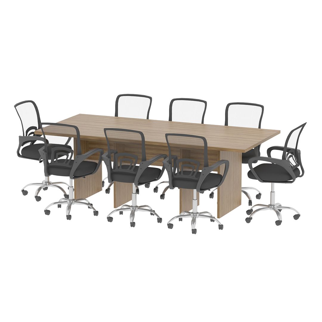 Conjunto de Escritório com Mesa de Reunião 220cm e Painel Suspenso até 42 Polegadas MDP Amêndoa Tecnomobili