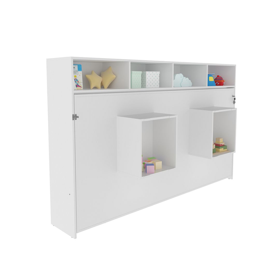 Cama Articulada Horizontal Solteiro de Parede com 6 Nichos MDP Branco Até 130kg Tecnomobili