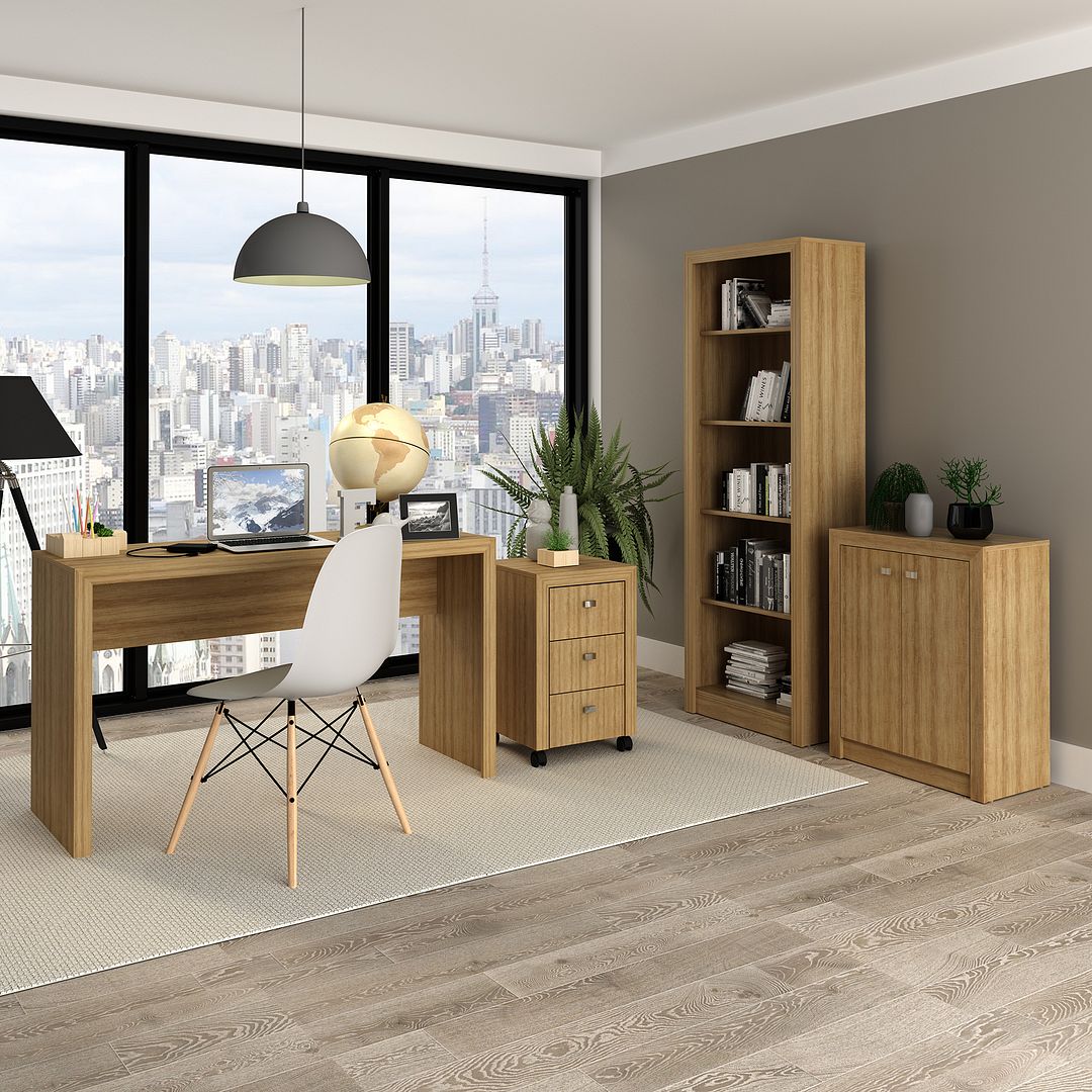 Conjunto de Escritório com Balcão, Estante 5 Prateleiras, Gaveteiro e Mesa 127cm MDP Amêndoa Tecnomobili