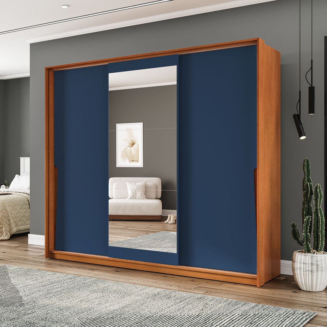 Guarda-Roupa 3 Portas De Correr 4 Gavetas Com Espelho 220cm Em Mdp/mdf Politorno