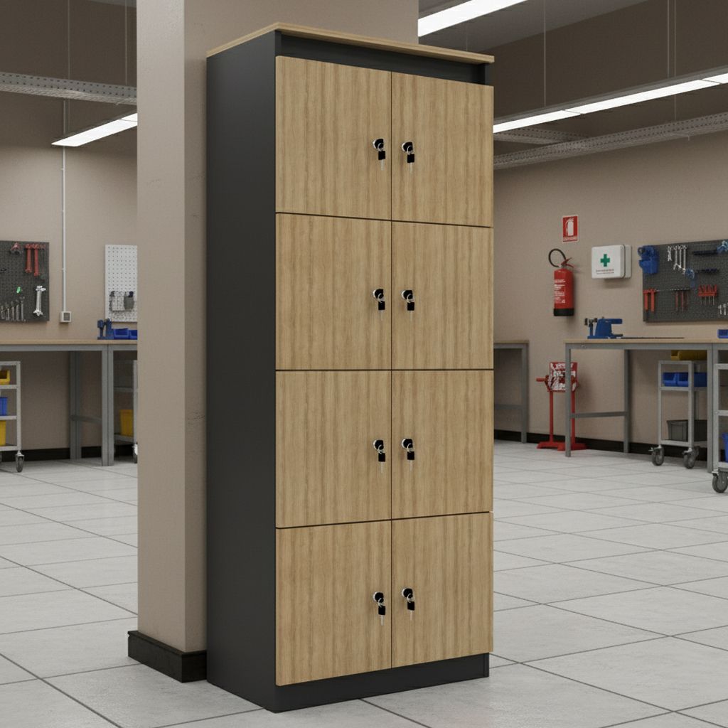 Armário Locker Guarda Volume 8 Portas com Chave MDP Amêndoa/Preto Tecnomobili