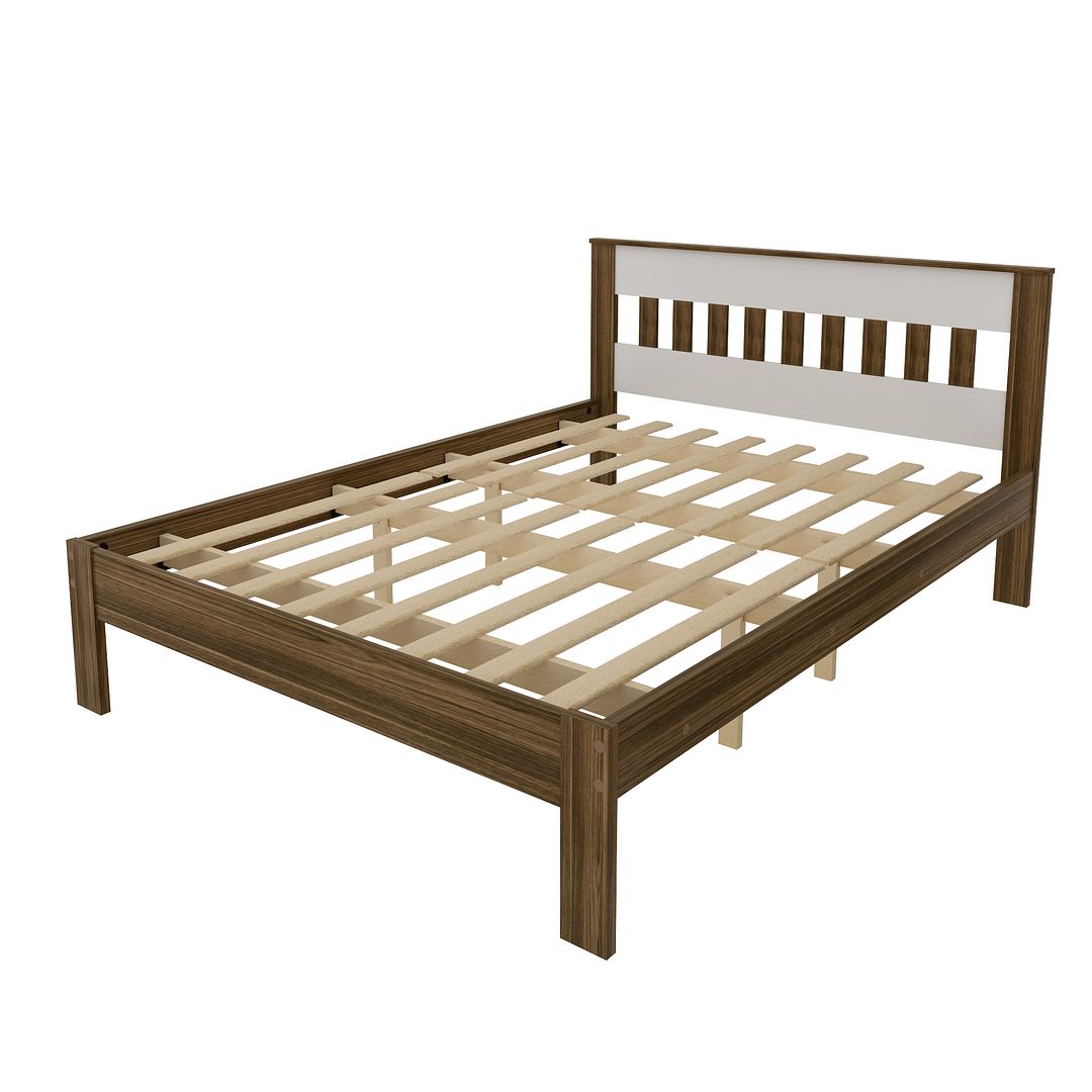 Cama de Casal Tradicional 138x188cm MDP Nogal/Branco Estrados de Eucalipto Até 260kg Tecnomobili