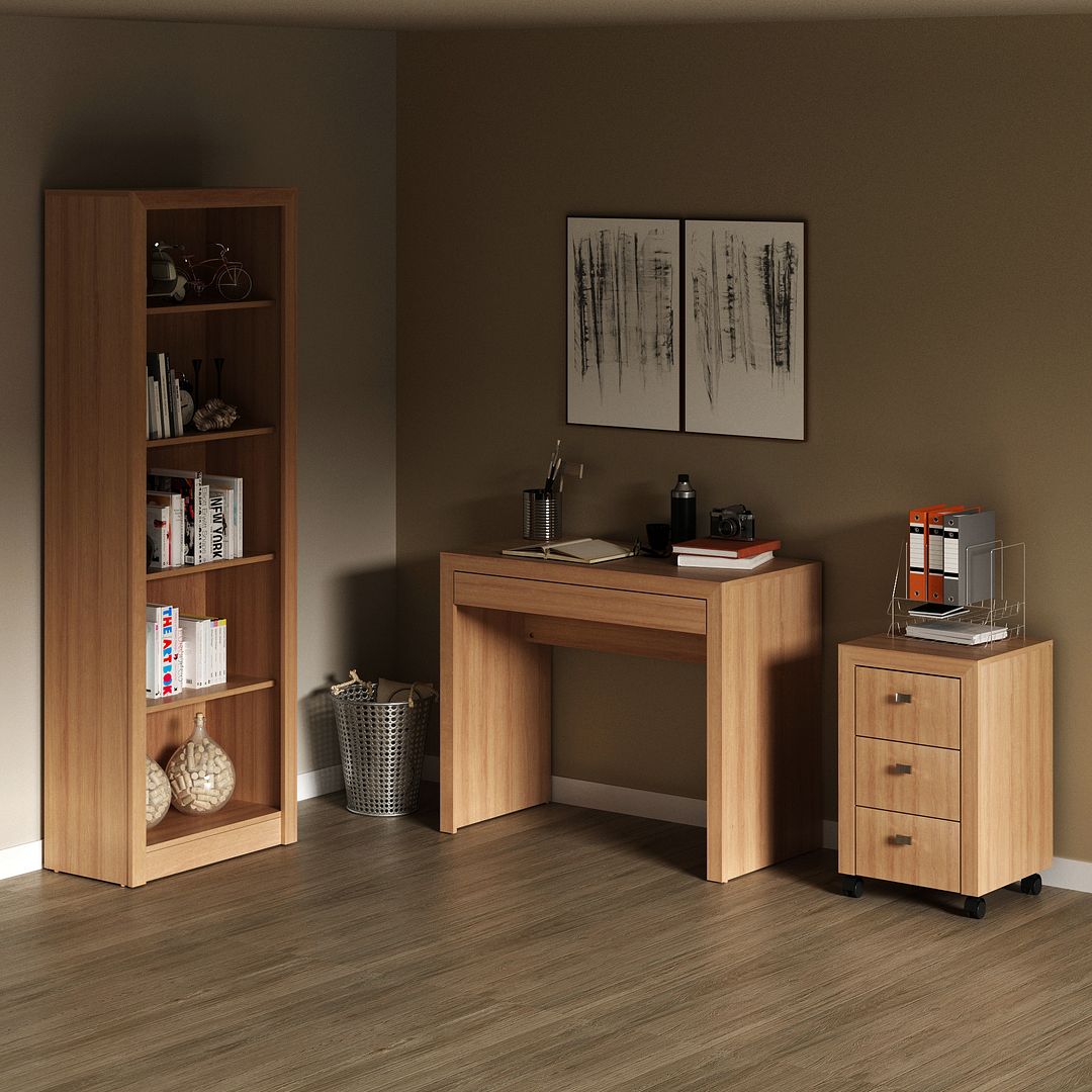 Conjunto de Escritório com Estante 5 Prateleiras, Mesa  90cm 1 Gaveta e Gaveteiro 3 Gavetas MDP Amêndoa Tecnomobili