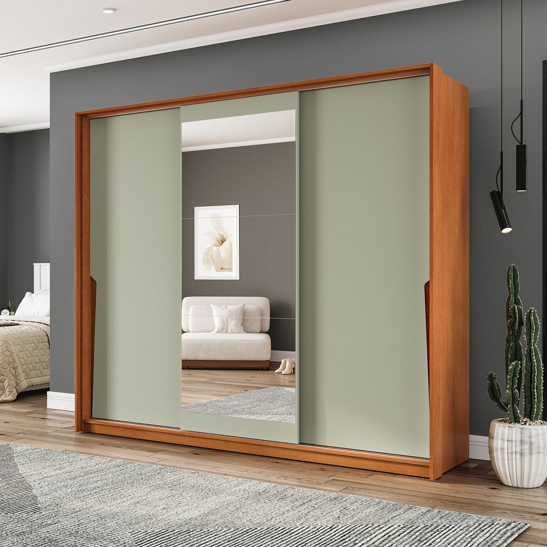 Guarda-Roupa 3 Portas De Correr 4 Gavetas Com Espelho 220cm Em Mdp/mdf Politorno