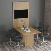 Conjunto de Escritório com Mesa de Reunião 136cm e Painel Suspenso até 42 Polegadas MDP Amendoa Tecnomobili