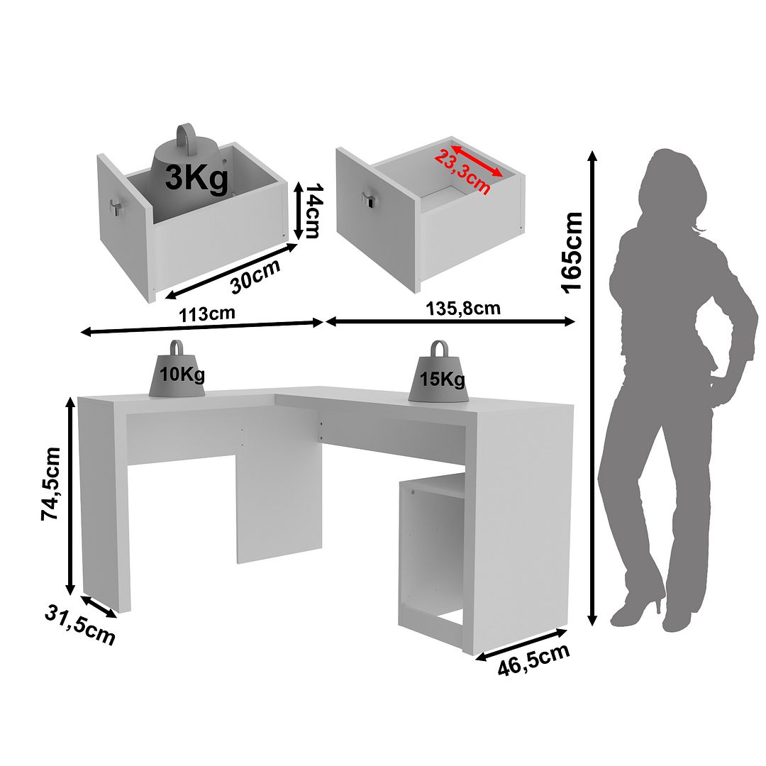 Conjunto de Escritório com Balcão, Estante , Armário e Mesa 138,5cm Formato em L 2 Gavetas MDP Branco Tecnomobili