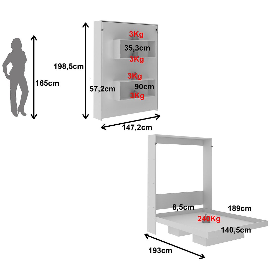 Cama Articulada Vertical Casal de Parede com 2 Nichos MDP Branco Até 240kg Tecnomobili