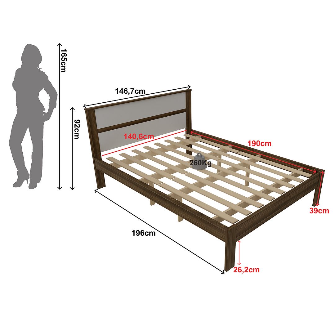 Cama de Casal Tradicional 138x188cm MDP Nogal/Branco Eucalipto Até 260kg Tecnomobili