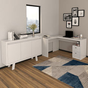 Conjunto de Escritório com Balcão 3 portas e Mesa 138,5cm Formato em L com 2 Gavetas MDP Branco Tecnomobili