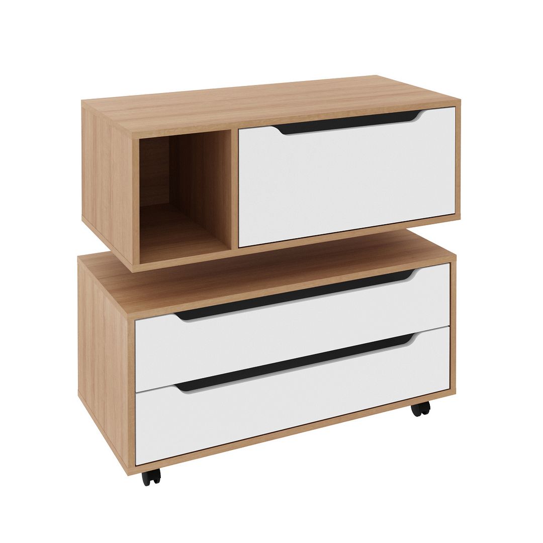 Conjunto de Banheiro com Balcão Gabinete 2 Gavetas e Balcão Gabinete Suspenso 1 Porta e Nicho MDP Amendoa/Branco