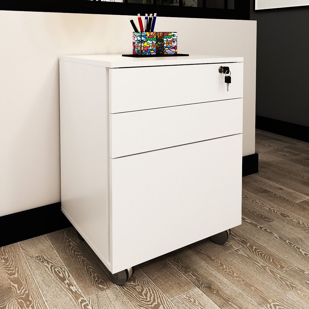 Conjunto de Escritório com Balcão 3 portas, Gaveteiros e Mesa 136cm em L com Detalhe Ripado MDP Branco Tecnomobili