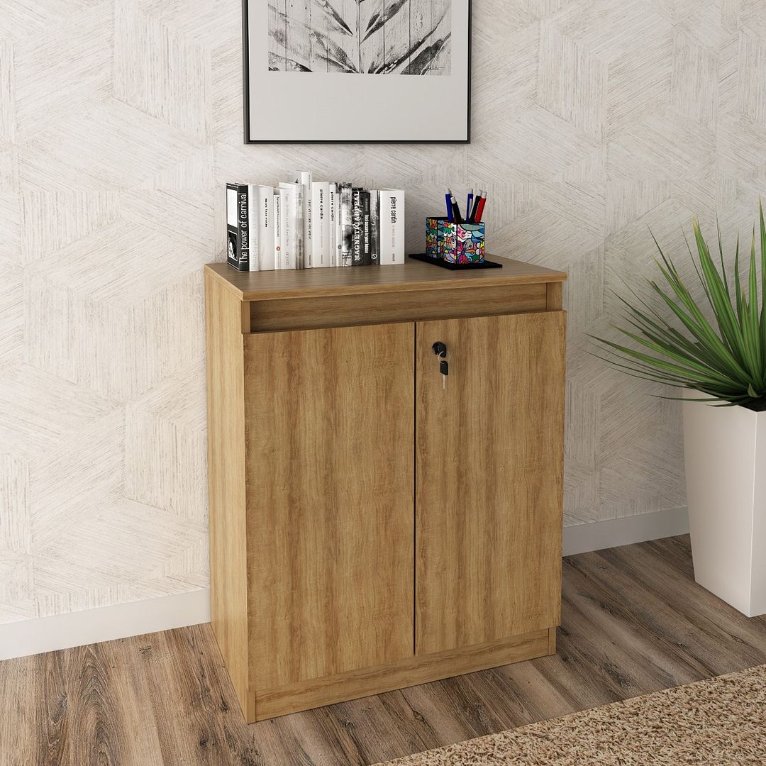 Conjunto de Escritório com Balcão 60cm, Armário 2 Portas e Chave e Escrivaninha com Gaveta MDP Amêndoa Tecnomobili