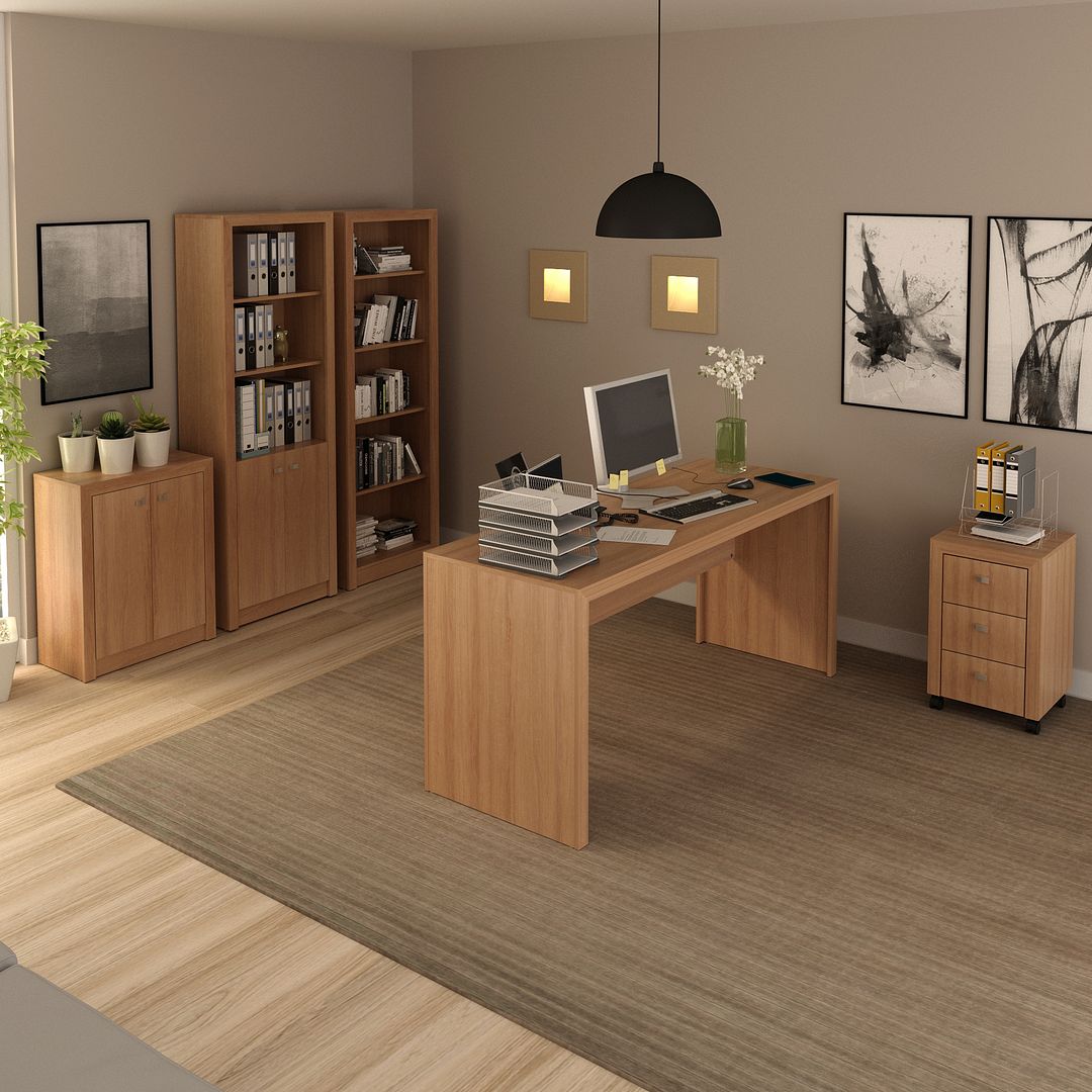 Conjunto de Escritório com Balcão, Estante, Gaveteiro, Mesa e Armário Alto com 2 Portas MDP Amêndoa Tecnomobili
