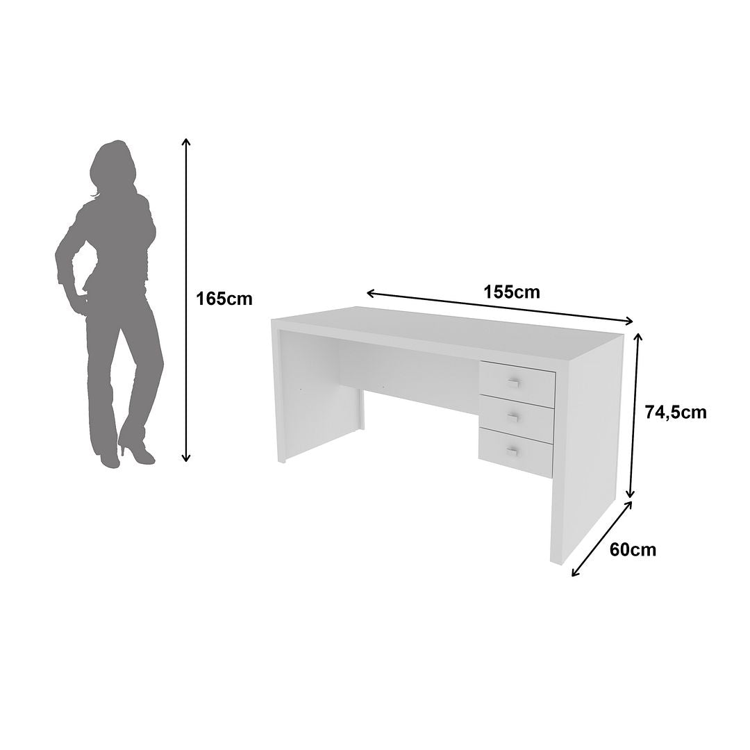 Mesa para Escritório 155cm com 3 Gavetas Reversível MDP Branco Tecnomobili