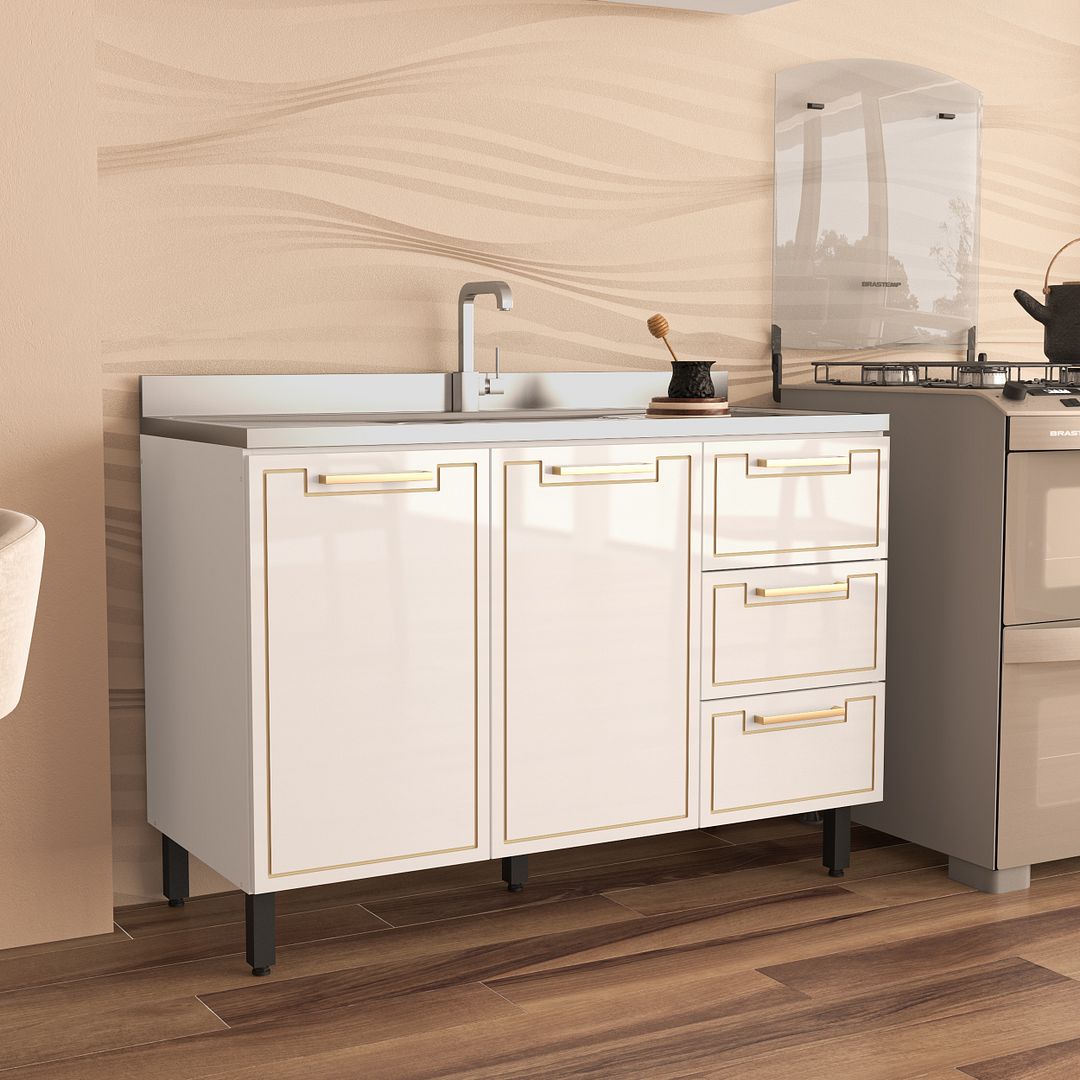 Balcão De Cozinha 2 Portas E 3 Gavetas 120cm Com Acabamento Ff E Pintura Uv Em Mdp/mdf Politorno