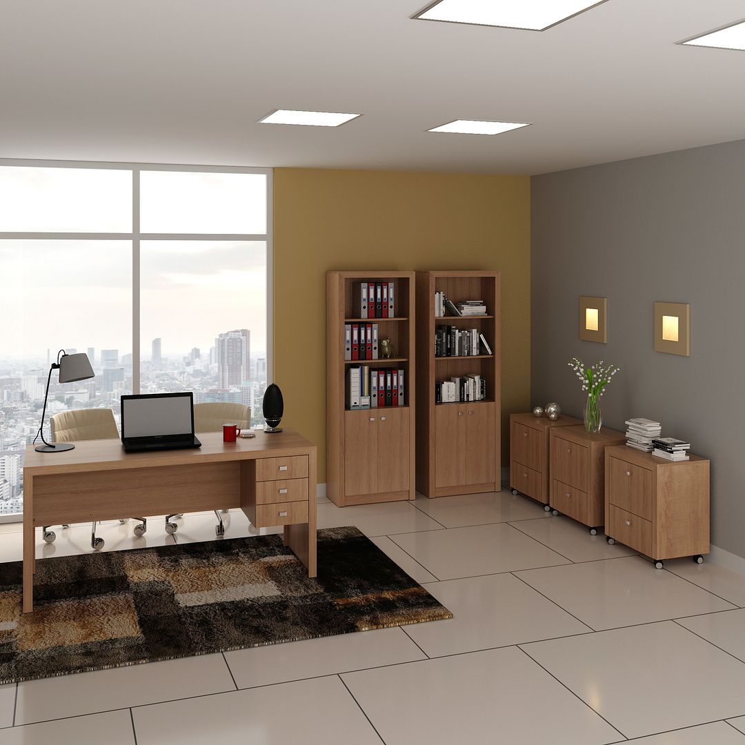 Conjunto de Escritório com 2 Armarios 2 Portas e 5 Prateleiras, 3 Gaveteiros 1 Gaveta e Mesa 3 Gavetas MDP Amendoa