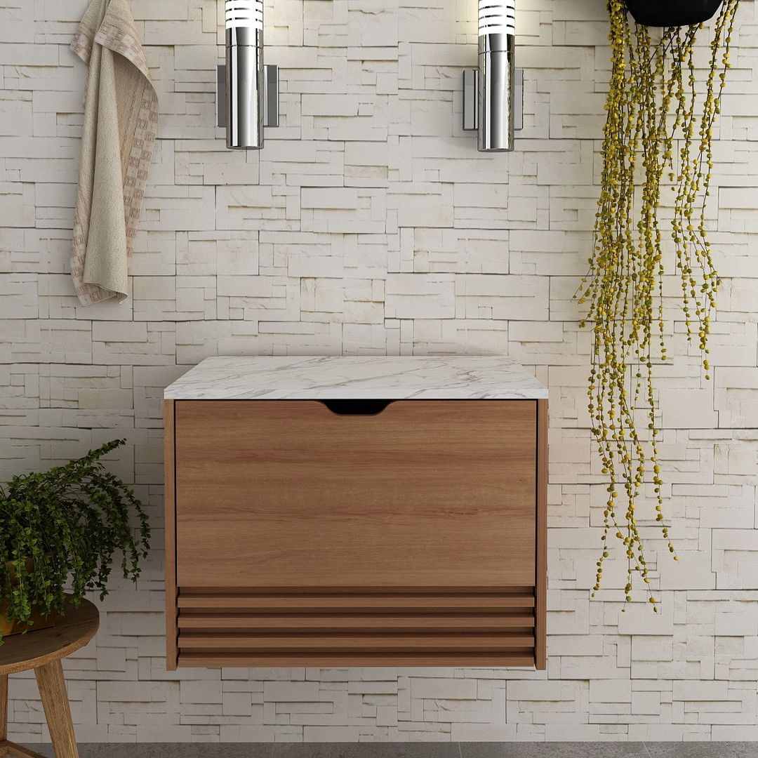 Balcão Gabinete para Banheiro Suspenso 60cm com 1 Porta e 1 Gaveta MDP Amêndoa/Marmore/Branco Tecnomobili