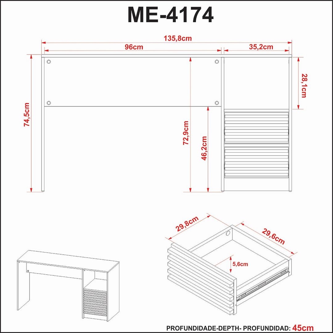 Conjunto de Escritório com Estante 4 Prateleiras, Escrivaninha com 2 Gavetas e Gaveteiro MDP Branco Tecnomobili