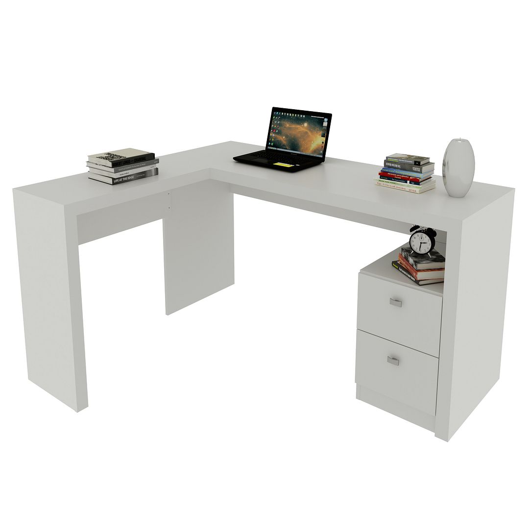 Mesa para Escritório 138,5cm Formato em L com 2 Gavetas MDP Branco Tecnomobili