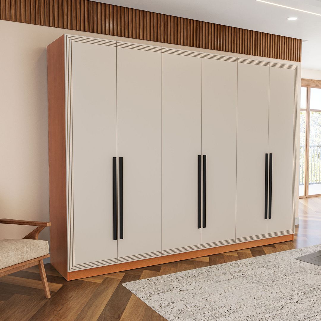 Guarda-Roupa 6 Portas 4 Gavetas 242cm Com Detalhes Usinados E Corrediça Telescópica Em Mdp/mdf Politorno