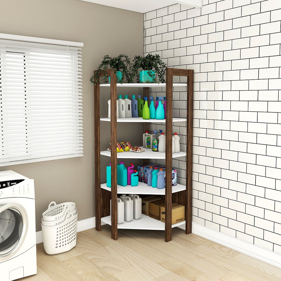 Armário de Canto para Sala Multiuso com 5 Prateleiras Branco/Nogal Tecnomobili
