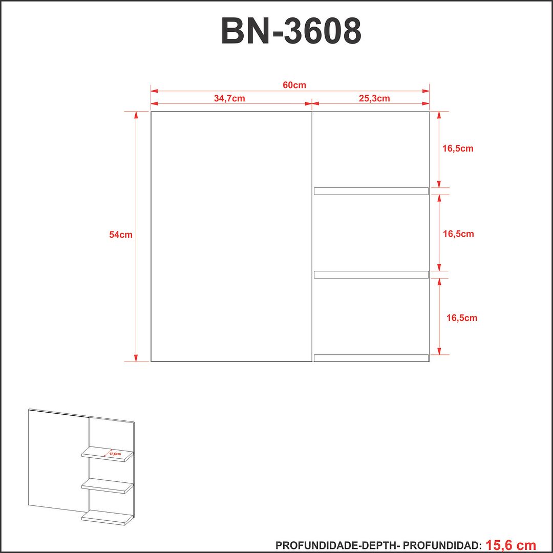 Espelho para Banheiro Suspenso 60cm com 3 Prateleiras MDP Branco Tecnomobili