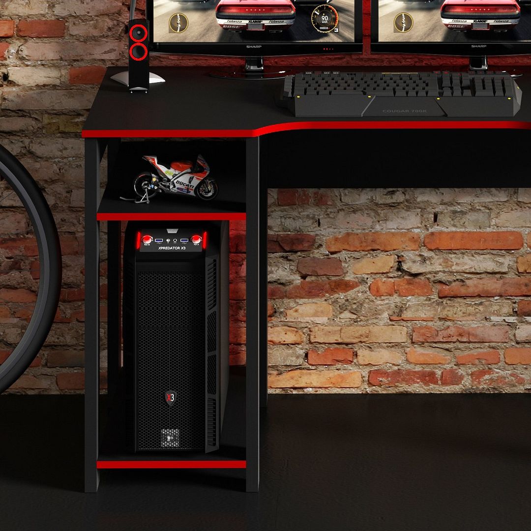 Mesa Gamer 136cm com 2 Prateleiras e Porta CPU Nicho Aberto MDP Preto/Vermelho Tecnomobili
