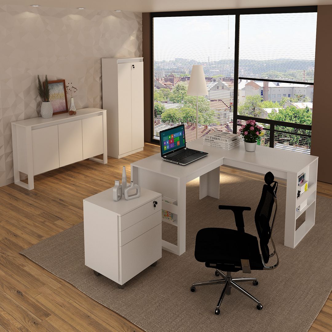 Conjunto de Escritório com Mesa em L, Gaveteiro, Balcão 136cm com 3 portas e 1 Prateleira e Armário MDP Branco Tecnomobi