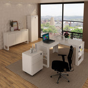 Conjunto de Escritório com Mesa em L, Gaveteiro, Balcão 136cm com 3 portas e 1 Prateleira e Armário MDP Branco Tecnomobi