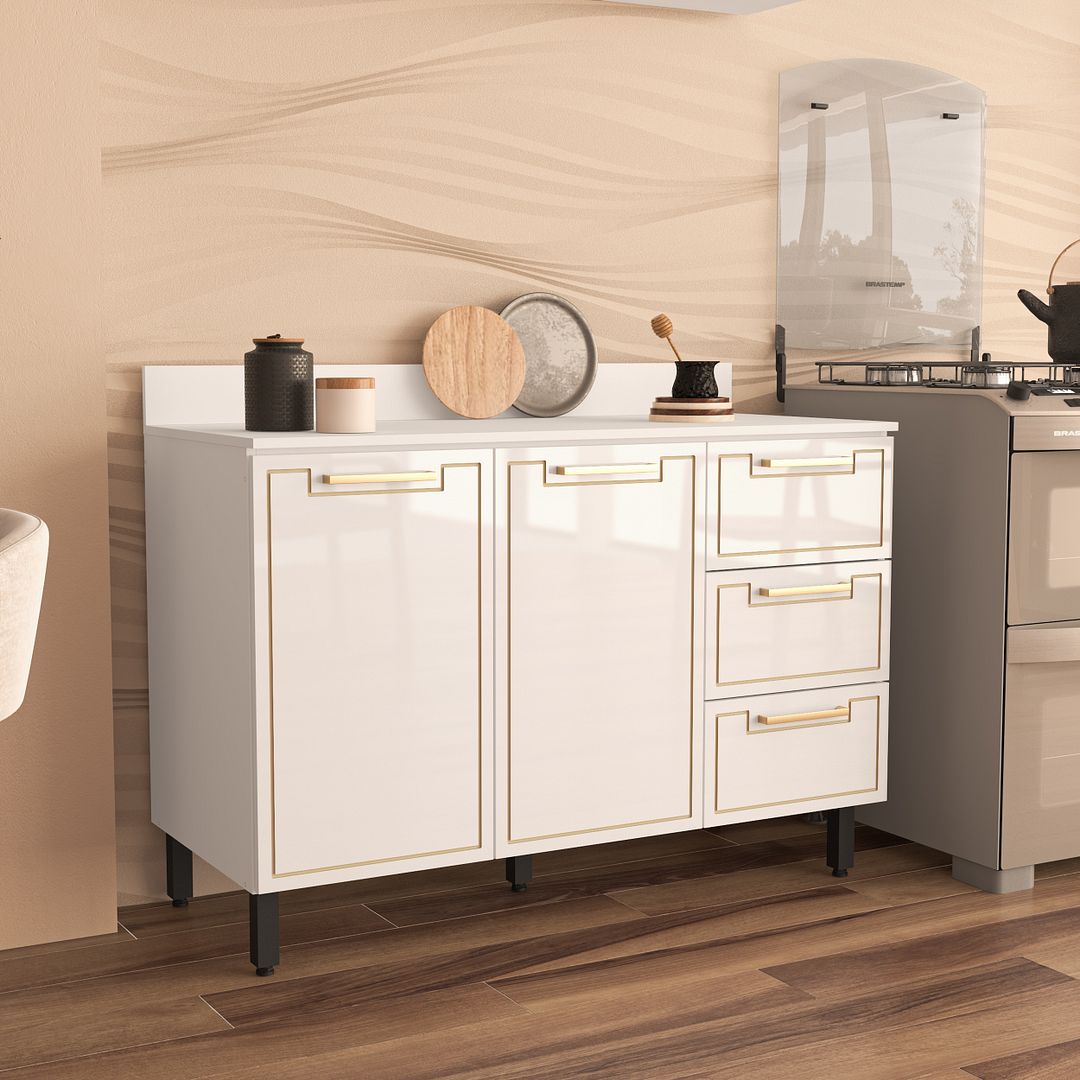 Balcão De Cozinha 2 Portas E 3 Gavetas 120cm Com Tampo Em Mdp/mdf Politorno