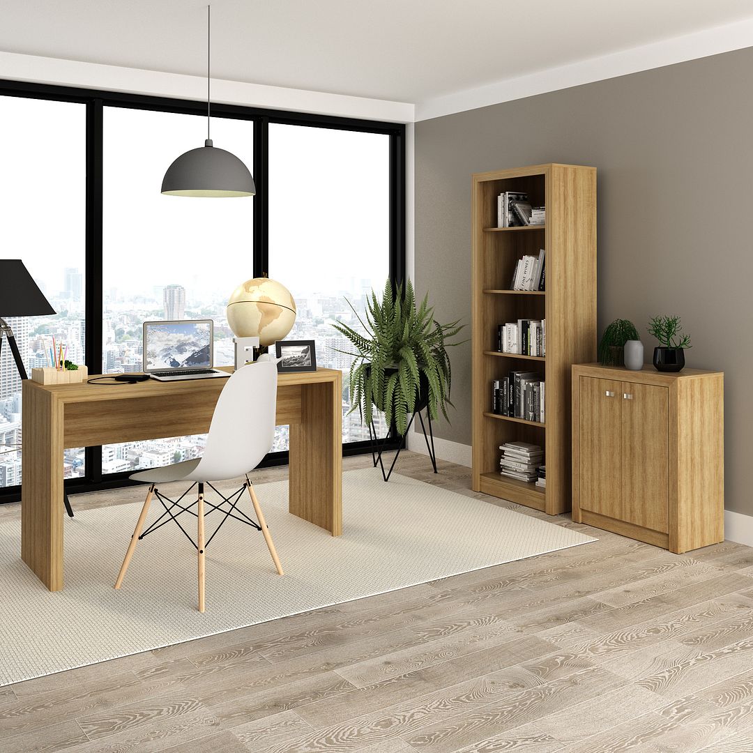 Conjunto de Escritório com Balcão, Estante com 5 Prateleiras e Mesa para Escritório 127cm MDP Amêndoa Tecnomobili