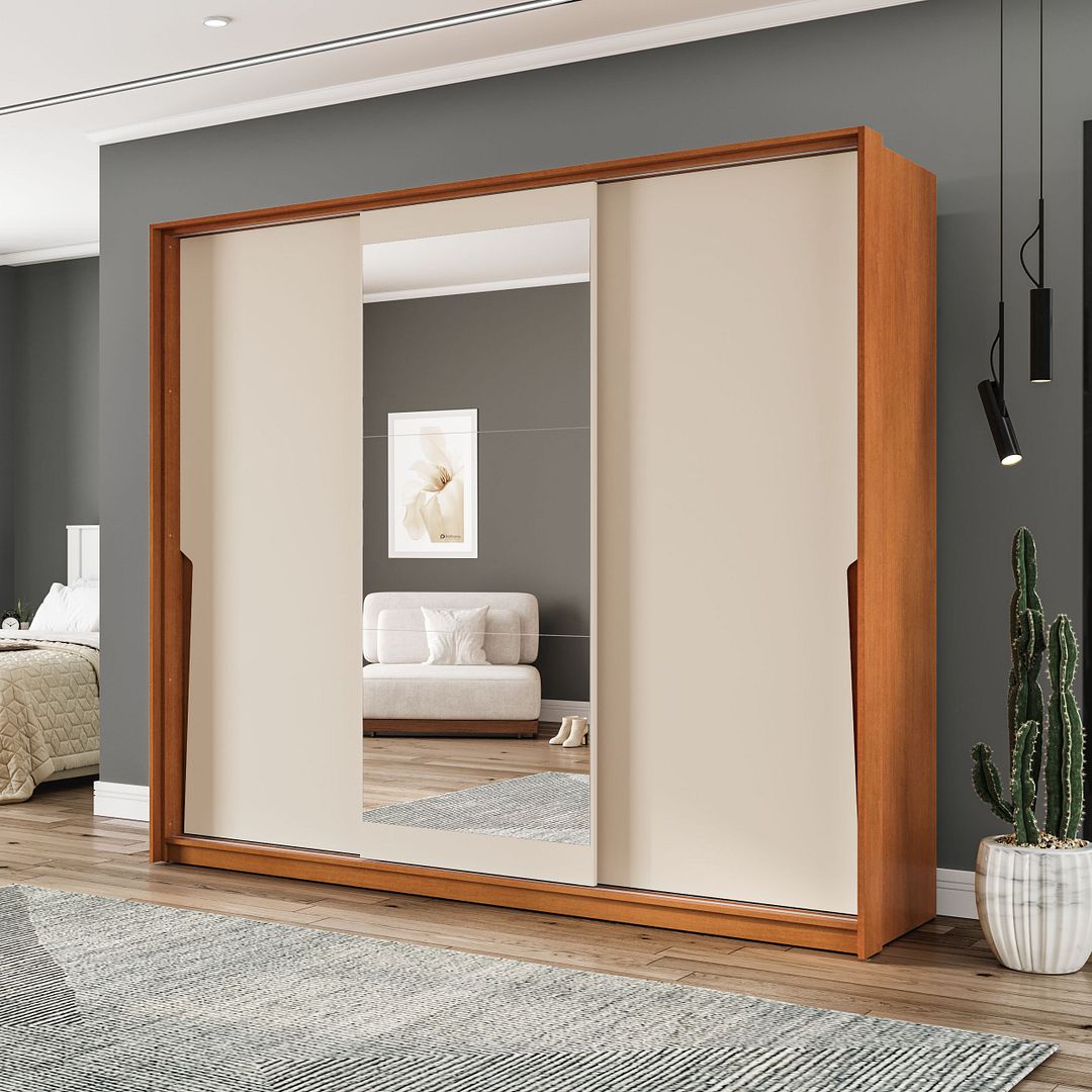 Guarda-Roupa 3 Portas De Correr 4 Gavetas Com Espelho 220cm Em Mdp/mdf Politorno